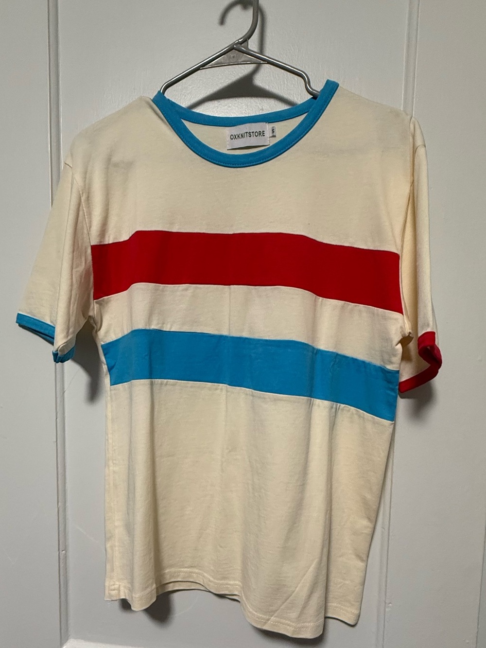 OXXNTSTORE Cream Short Sleeve Tee with Red & Blue Stripes